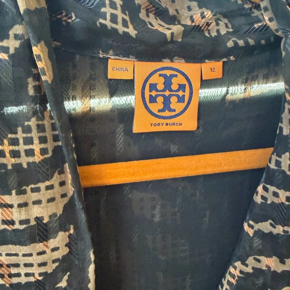 Tory Burch Silk Blend Printed Tie Neck Blouse Black Brown Size 12
